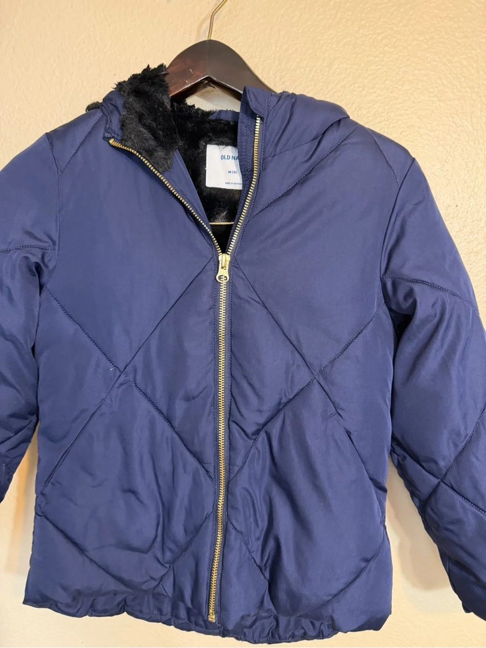Old Navy Kids Navy Quilted Hooded Jacket with Faux Fur Lining